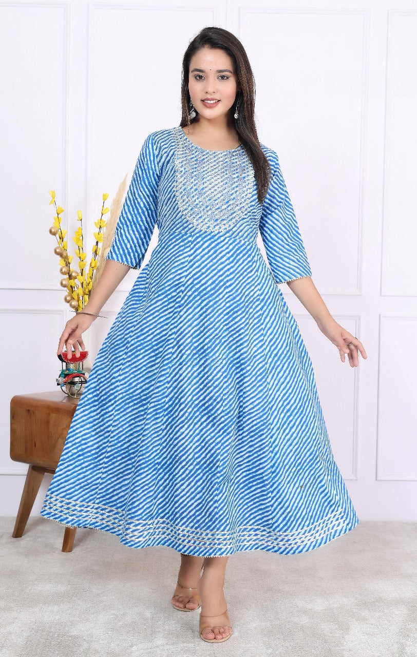 Premium Cotton 60-60 Leheriya Print Flared Anarkali Gown Kurti Combo
