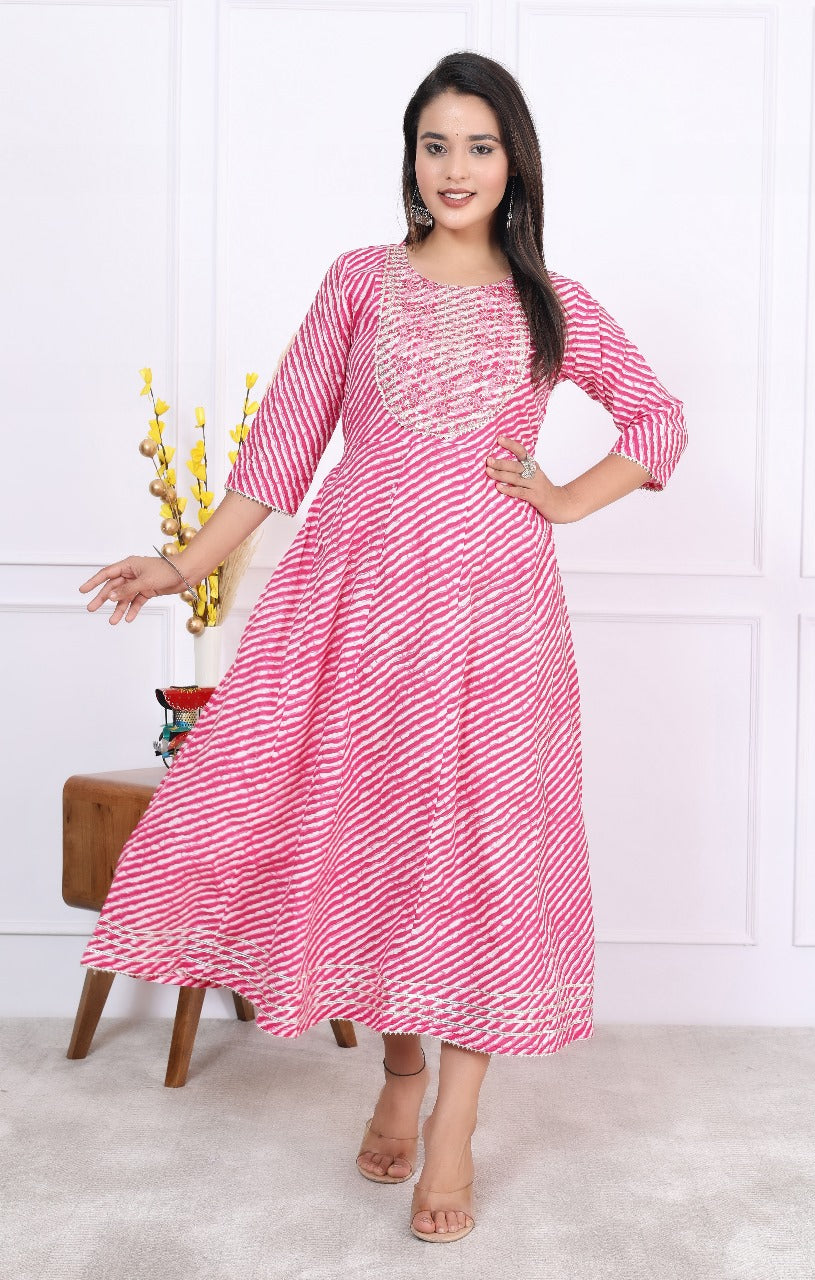 Premium Cotton 60-60 Leheriya Print Flared Anarkali Gown Kurti Combo