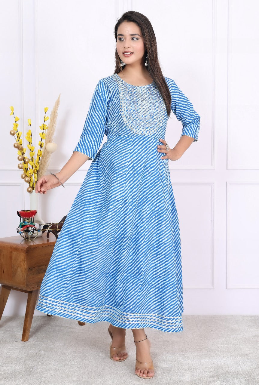 Premium Cotton 60-60 Leheriya Print Flared Anarkali Gown Kurti Combo