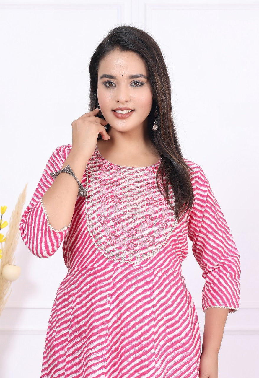 Premium Cotton 60-60 Leheriya Print Flared Anarkali Gown Kurti Combo