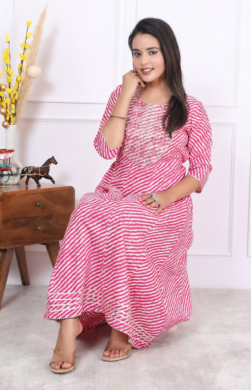 Premium Cotton 60-60 Leheriya Print Flared Anarkali Gown Kurti Combo