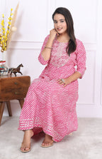 Premium Cotton 60-60 Leheriya Print Flared Anarkali Gown Kurti Combo
