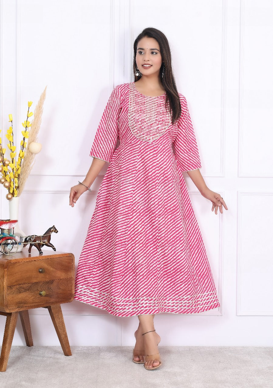 Premium Cotton 60-60 Leheriya Print Flared Anarkali Gown Kurti Combo
