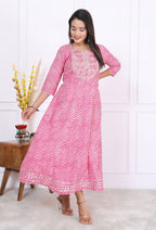 Premium Cotton 60-60 Leheriya Print Flared Anarkali Gown Kurti Combo