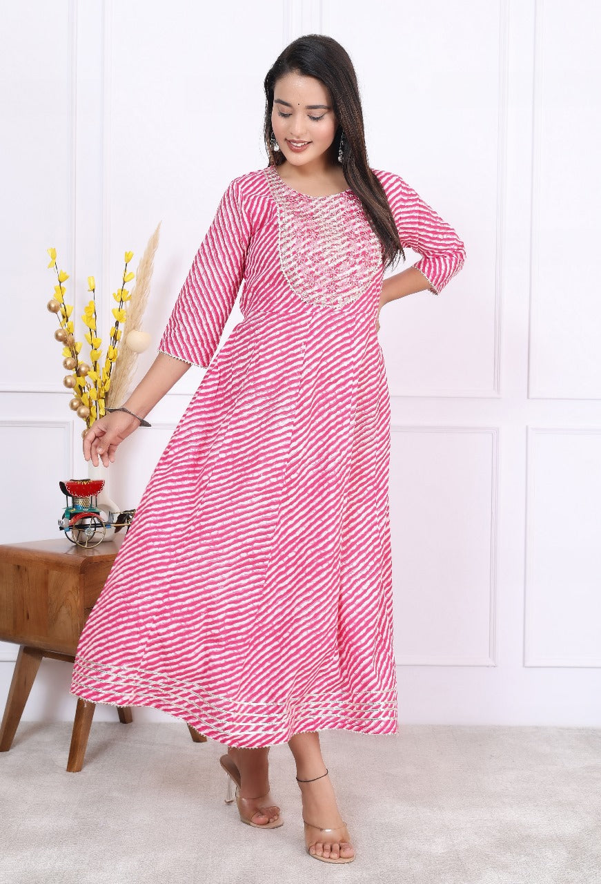 Premium Cotton 60-60 Leheriya Print Flared Anarkali Gown Kurti Combo