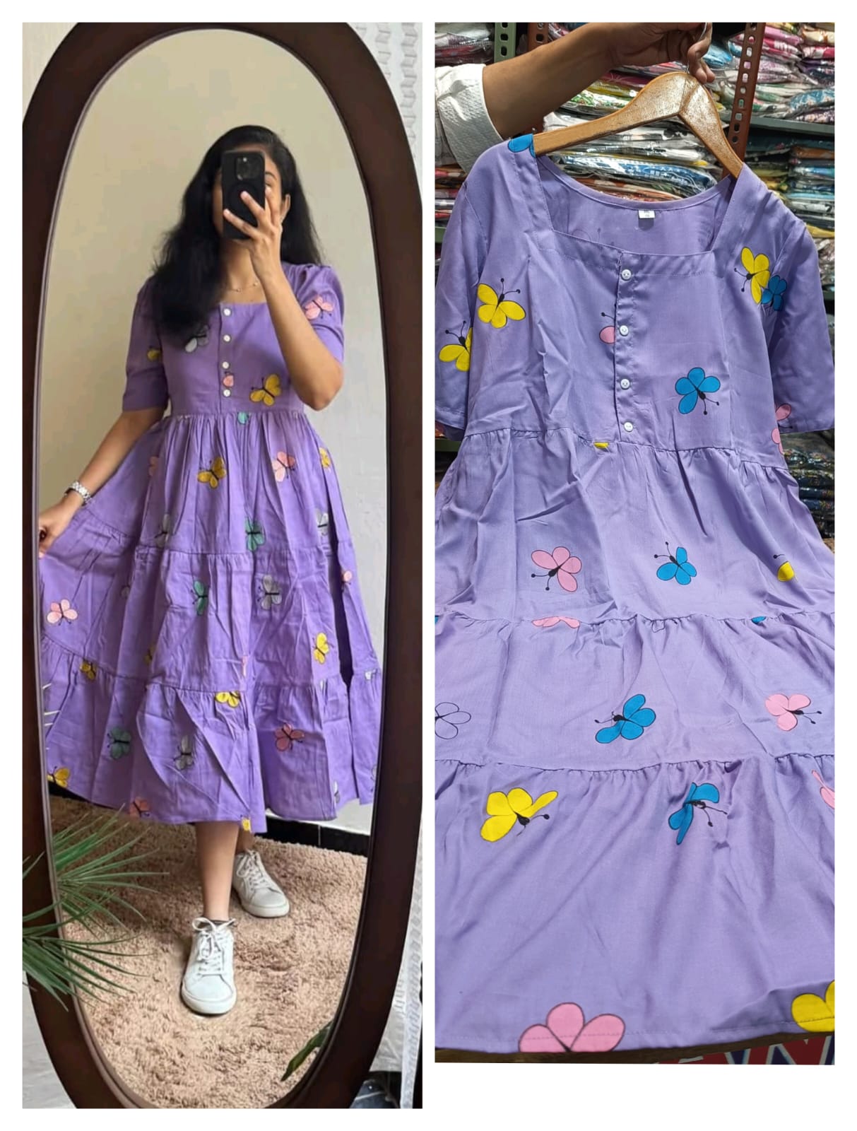 Premium Rayon Butterfly Print Tiered Frock & Tunic Combo