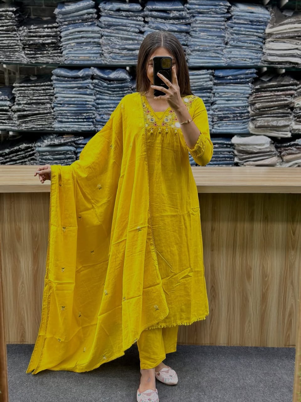 Premium 60-60 Cotton Solid Alia Cut Embroidery 3pc Kurti Pant Set Combo
