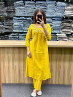 Premium 60-60 Cotton Solid Alia Cut Embroidery 3pc Kurti Pant Set Combo