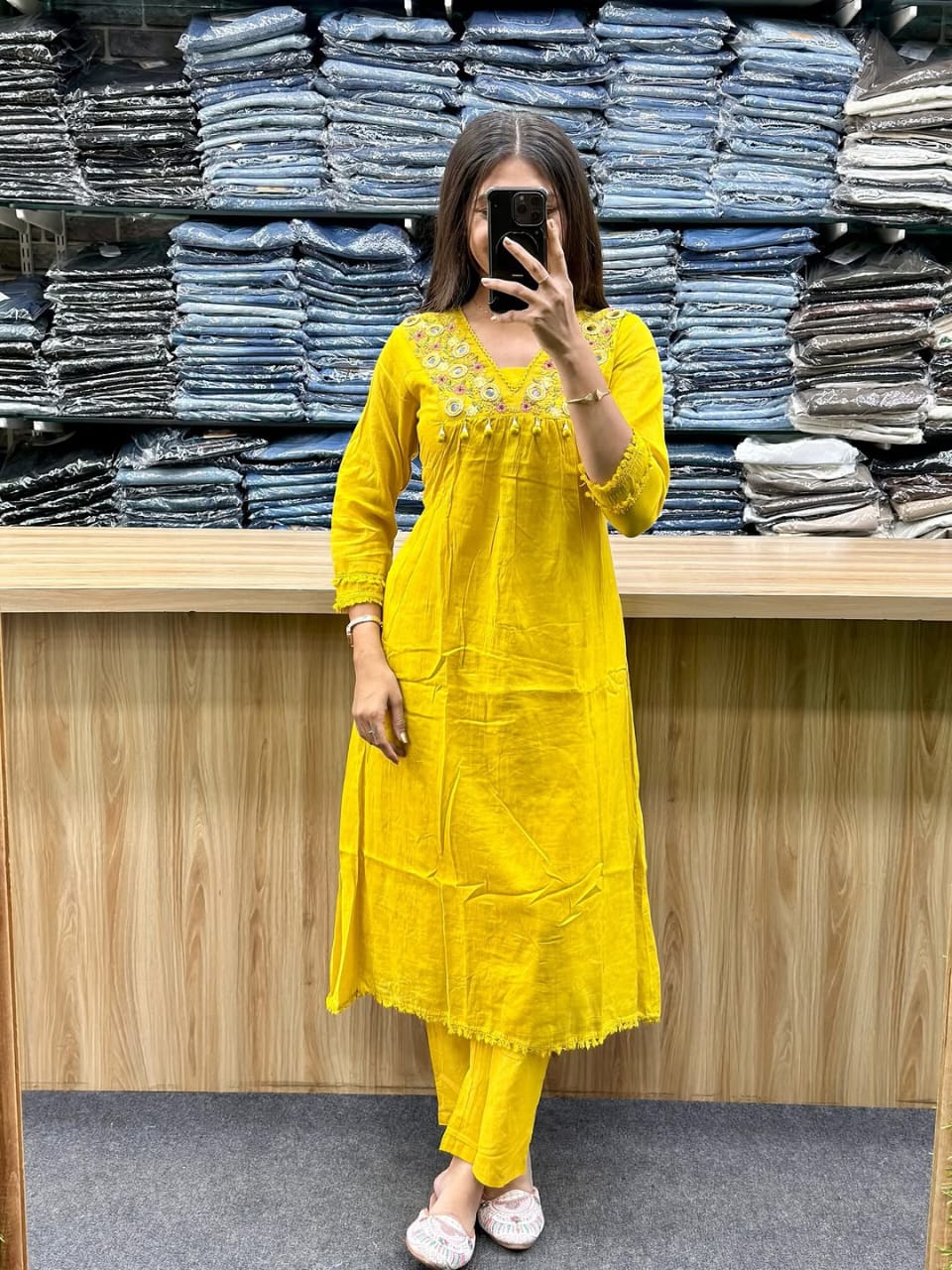 Premium 60-60 Cotton Solid Alia Cut Embroidery 3pc Kurti Pant Set Combo