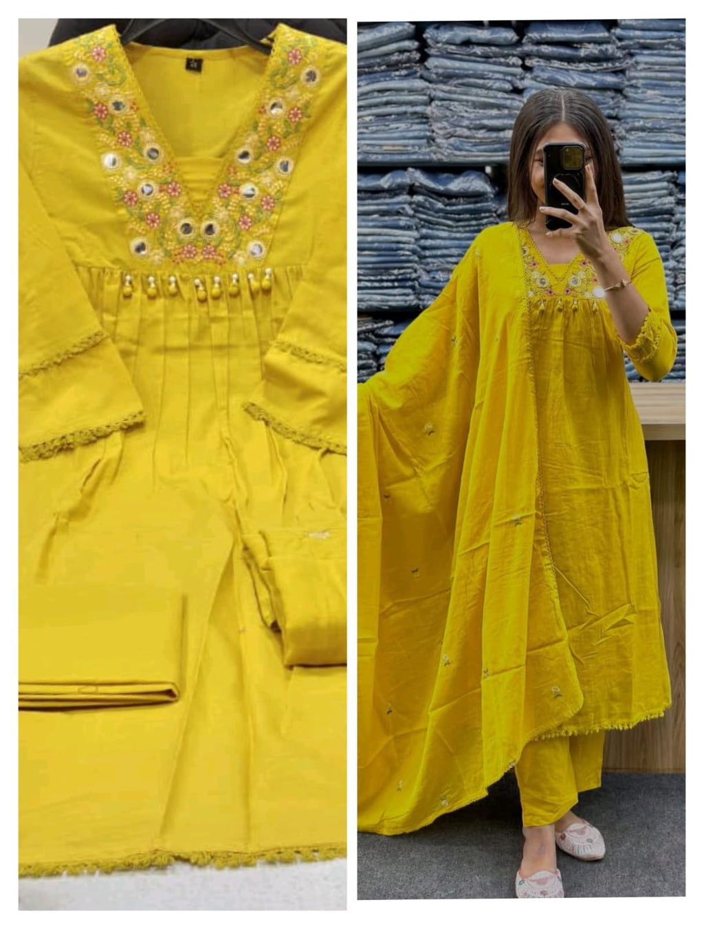 Premium 60-60 Cotton Solid Alia Cut Embroidery 3pc Kurti Pant Set Combo