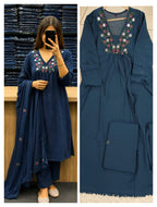 Premium 60-60 Cotton Solid Alia Cut Embroidery 3pc Kurti Pant Set Combo