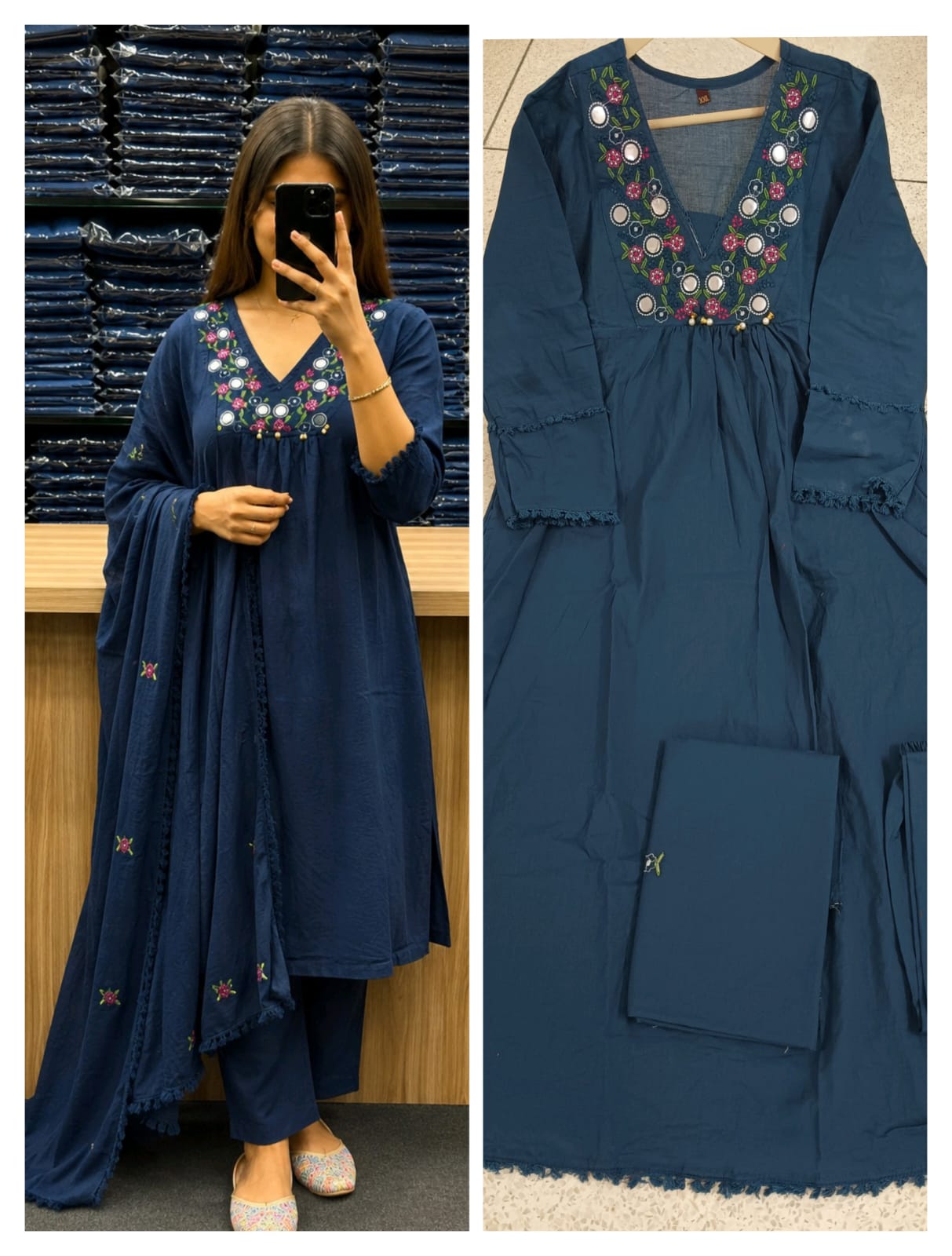 Premium 60-60 Cotton Solid Alia Cut Embroidery 3pc Kurti Pant Set Combo