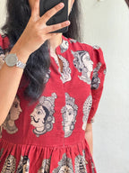 Premium Rayon Kalamkari Face Print Flare Frock Dress Combo