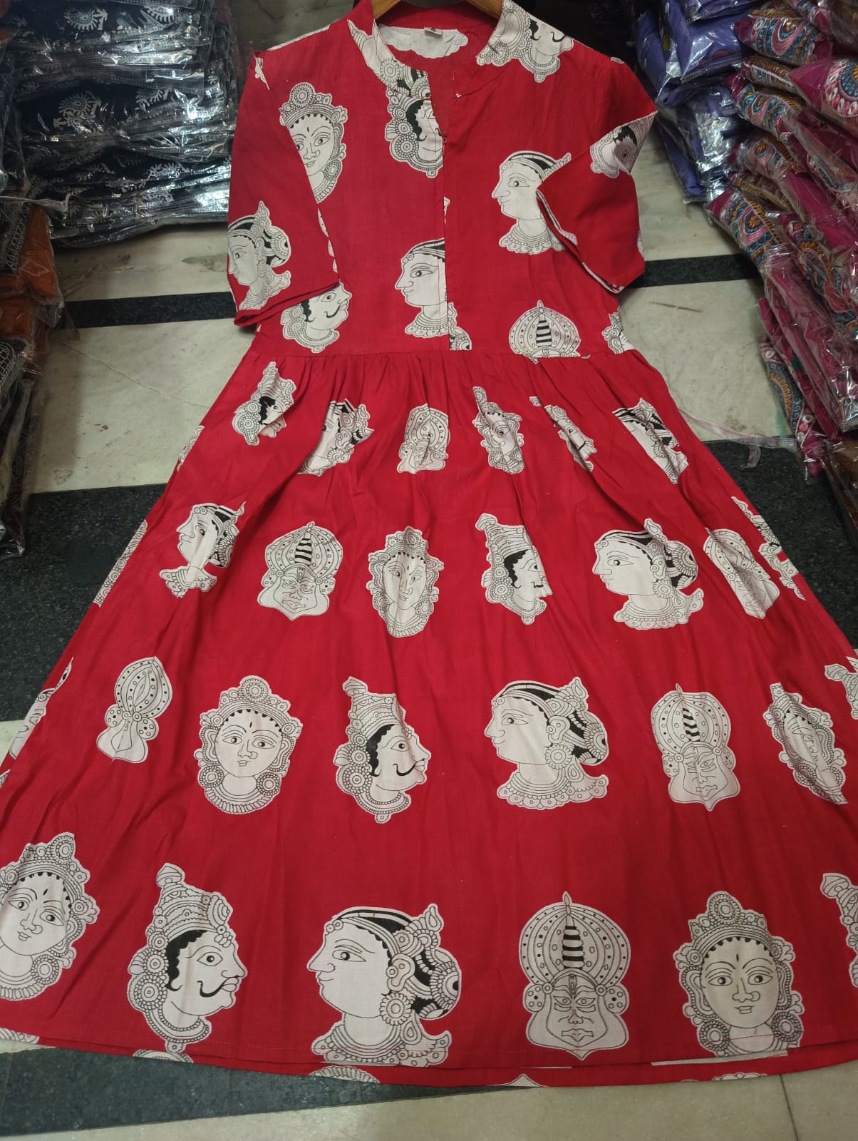 Premium Rayon Kalamkari Face Print Flare Frock Dress Combo
