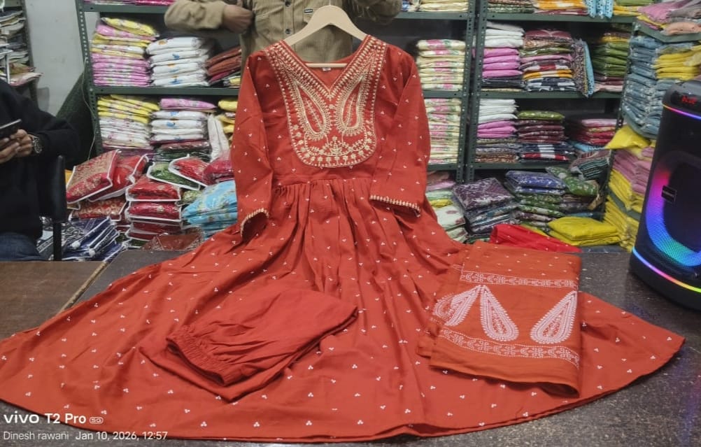 Premium 60-60 Cotton Traditional Heavy Embroidery Flared Anarkali 3pc Kurti Set Combo