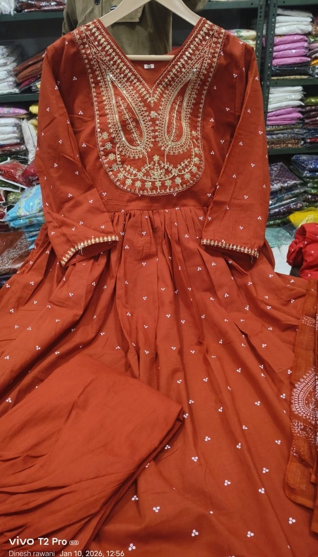 Premium 60-60 Cotton Traditional Heavy Embroidery Flared Anarkali 3pc Kurti Set Combo