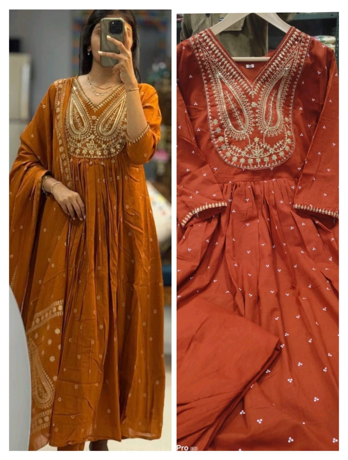 Premium 60-60 Cotton Traditional Heavy Embroidery Flared Anarkali 3pc Kurti Set Combo