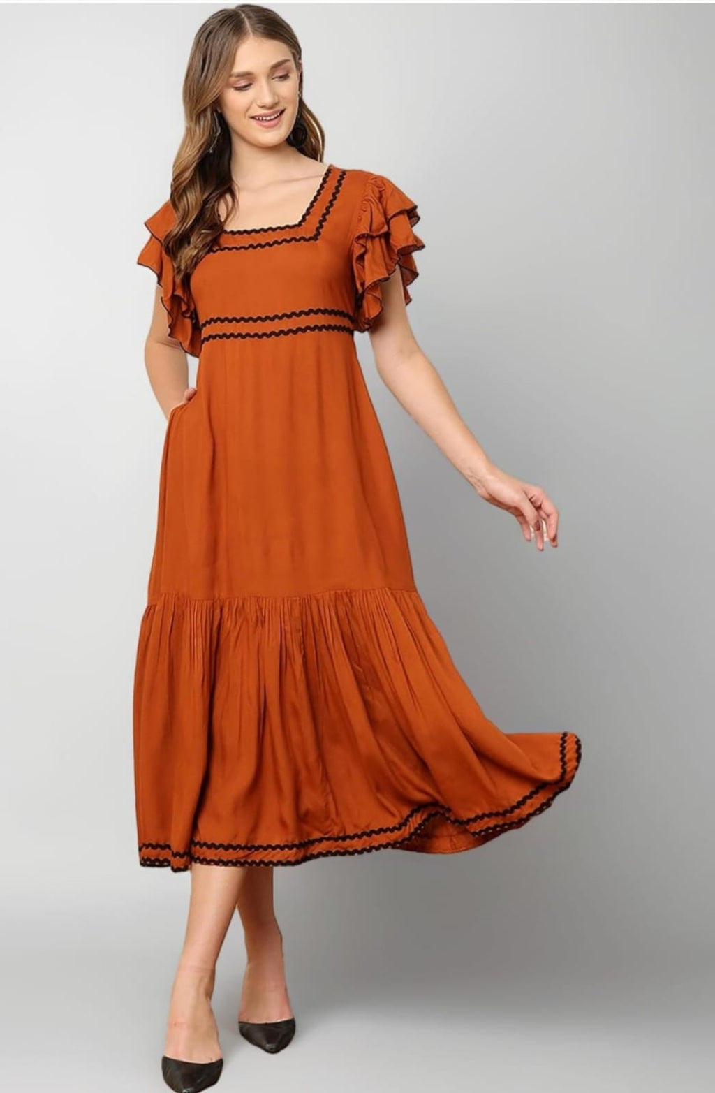 Premium Rayon Ruffle Sleeve Tiered Frock & Long Tunic Combo