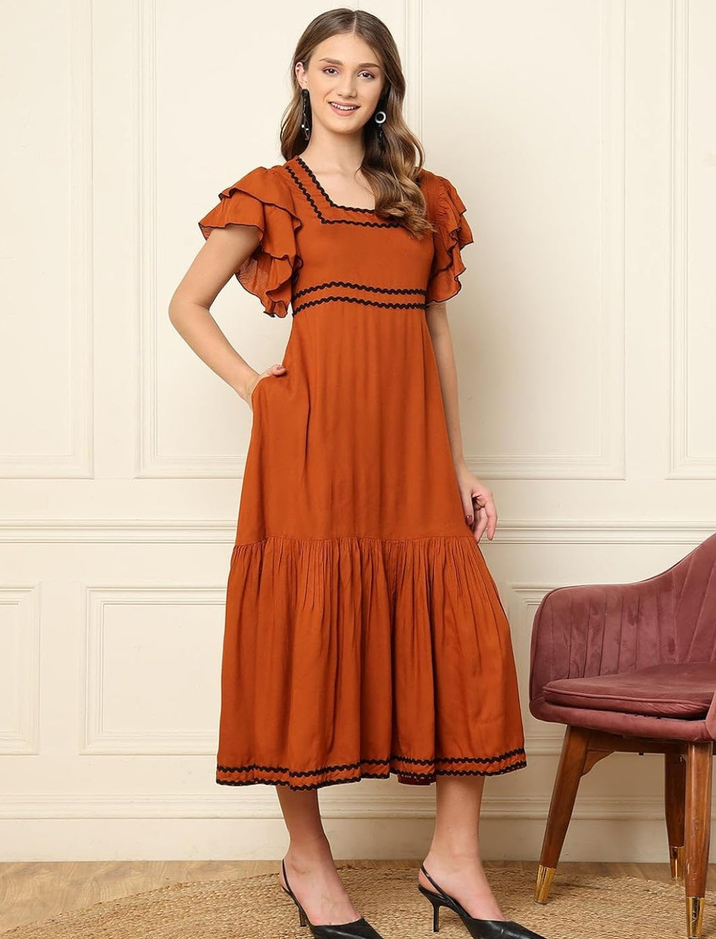 Premium Rayon Ruffle Sleeve Tiered Frock & Long Tunic Combo