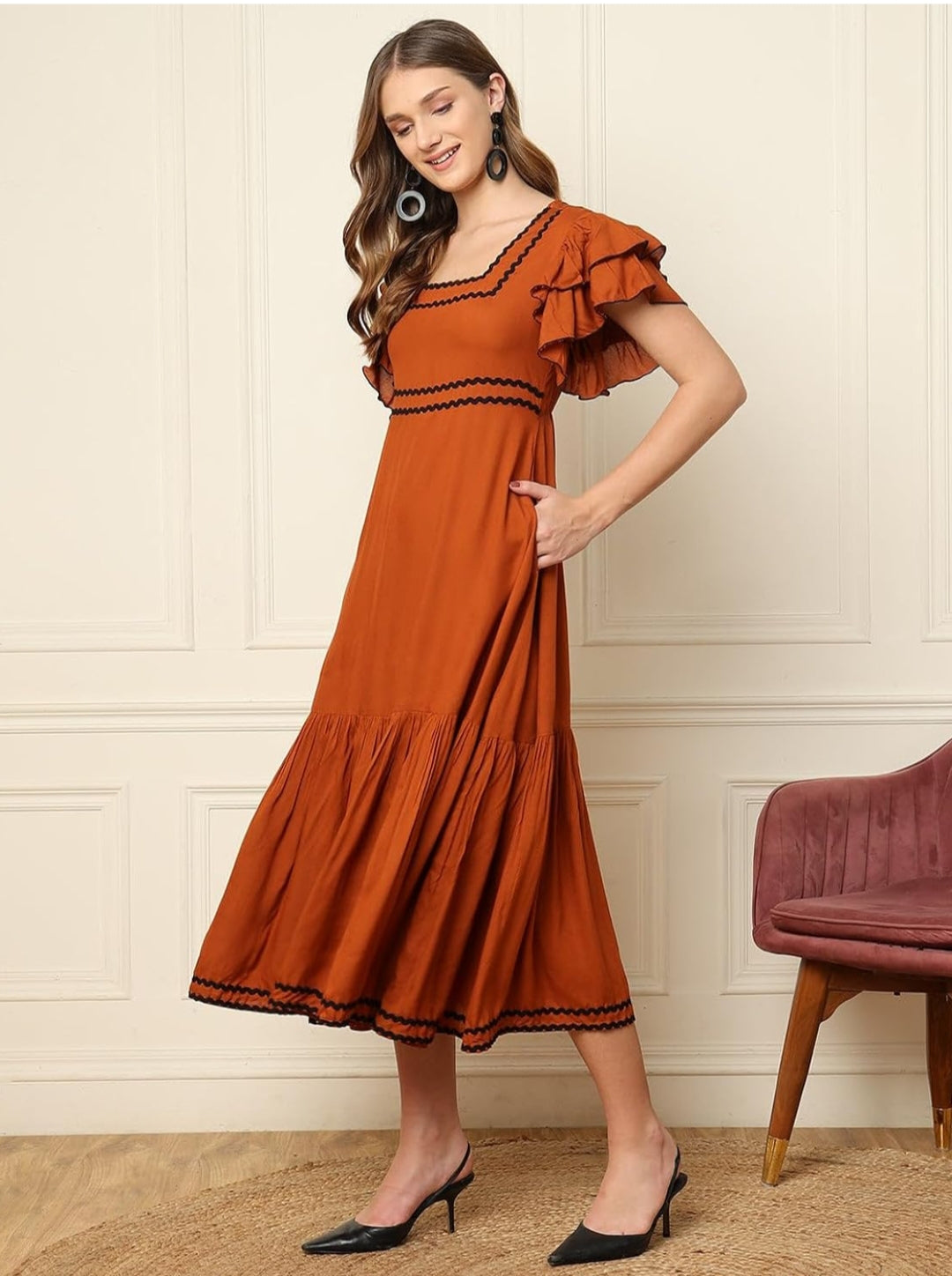Premium Rayon Ruffle Sleeve Tiered Frock & Long Tunic Combo