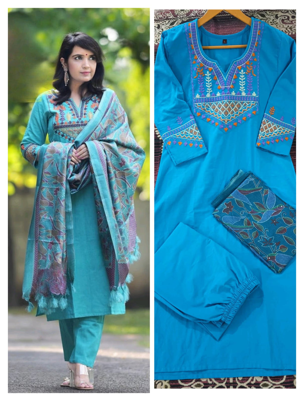 Premium 60-60 Cotton Multi-Color Thread Embroidery 3pc Kurti Pant Set Combo