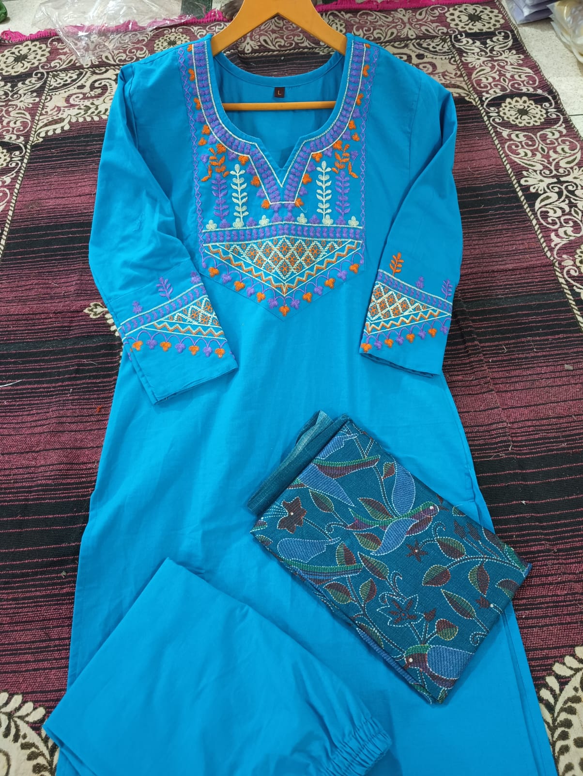 Premium 60-60 Cotton Multi-Color Thread Embroidery 3pc Kurti Pant Set Combo