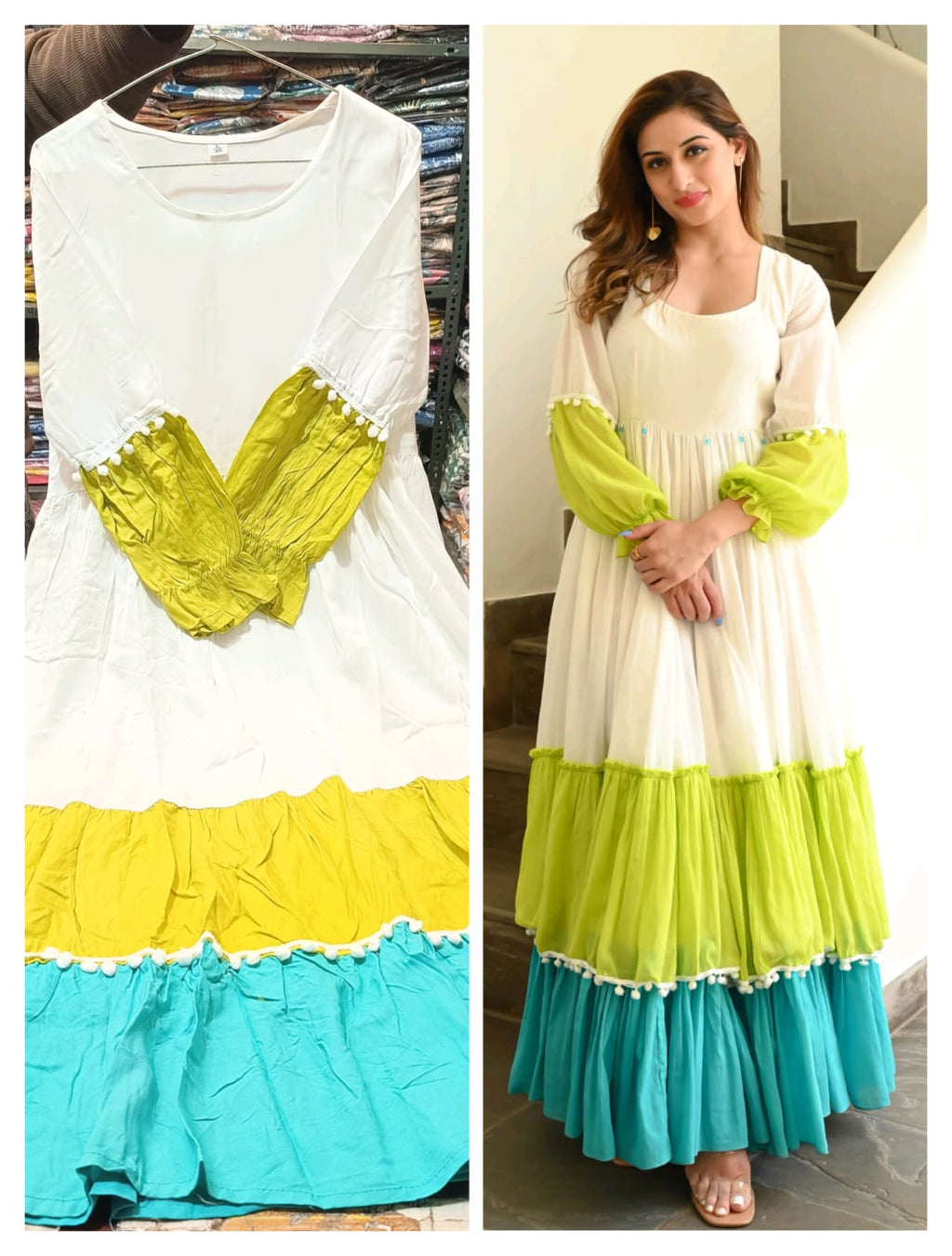 Premium Rayon Color-Block Multi-Tiered Flared Frock Indo-Western Dress Combo