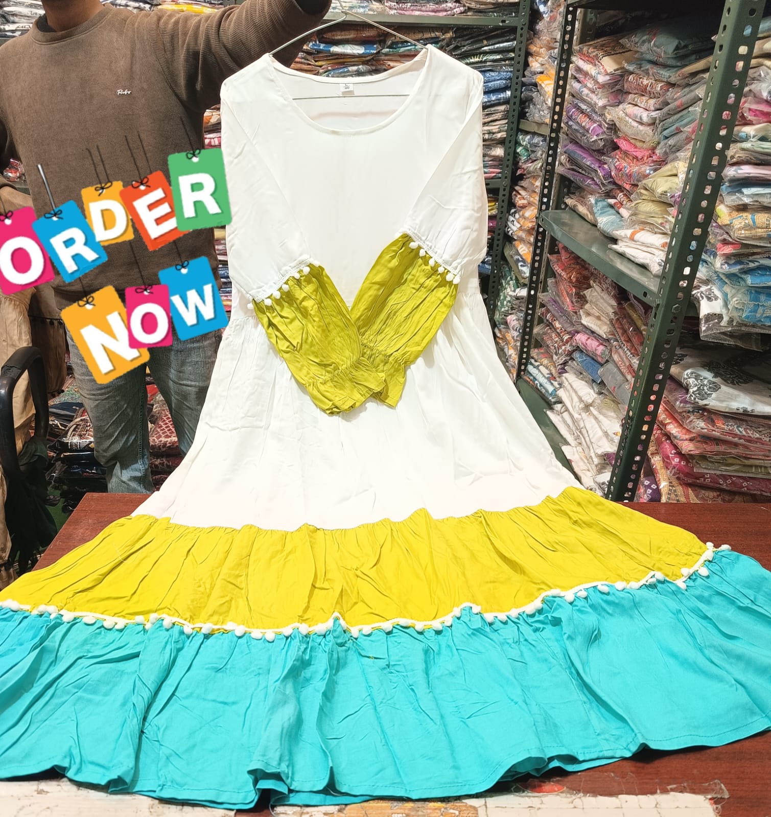 Premium Rayon Color-Block Multi-Tiered Flared Frock Indo-Western Dress Combo