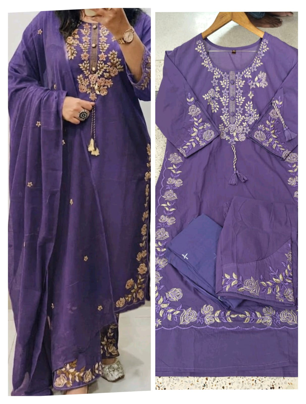 Premium 60-60 Cotton Solid Floral Thread Embroidery 3pc Kurti Pant Set Combo