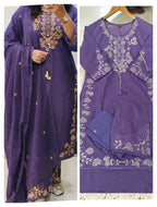 Premium 60-60 Cotton Solid Floral Thread Embroidery 3pc Kurti Pant Set Combo