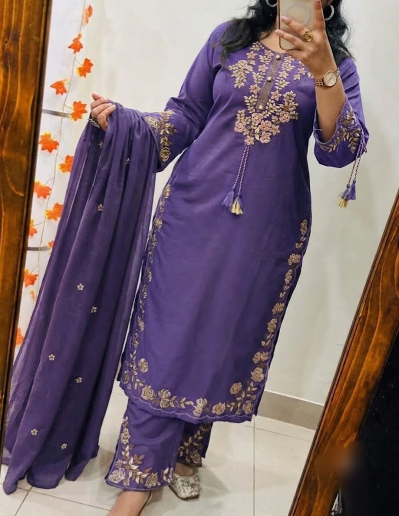 Premium 60-60 Cotton Solid Floral Thread Embroidery 3pc Kurti Pant Set Combo