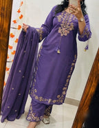 Premium 60-60 Cotton Solid Floral Thread Embroidery 3pc Kurti Pant Set Combo