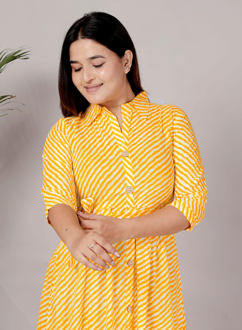 Premium 60-60 Cotton Leheriya Striped Shirt-Style Flared Midi Frock Tunic Combo
