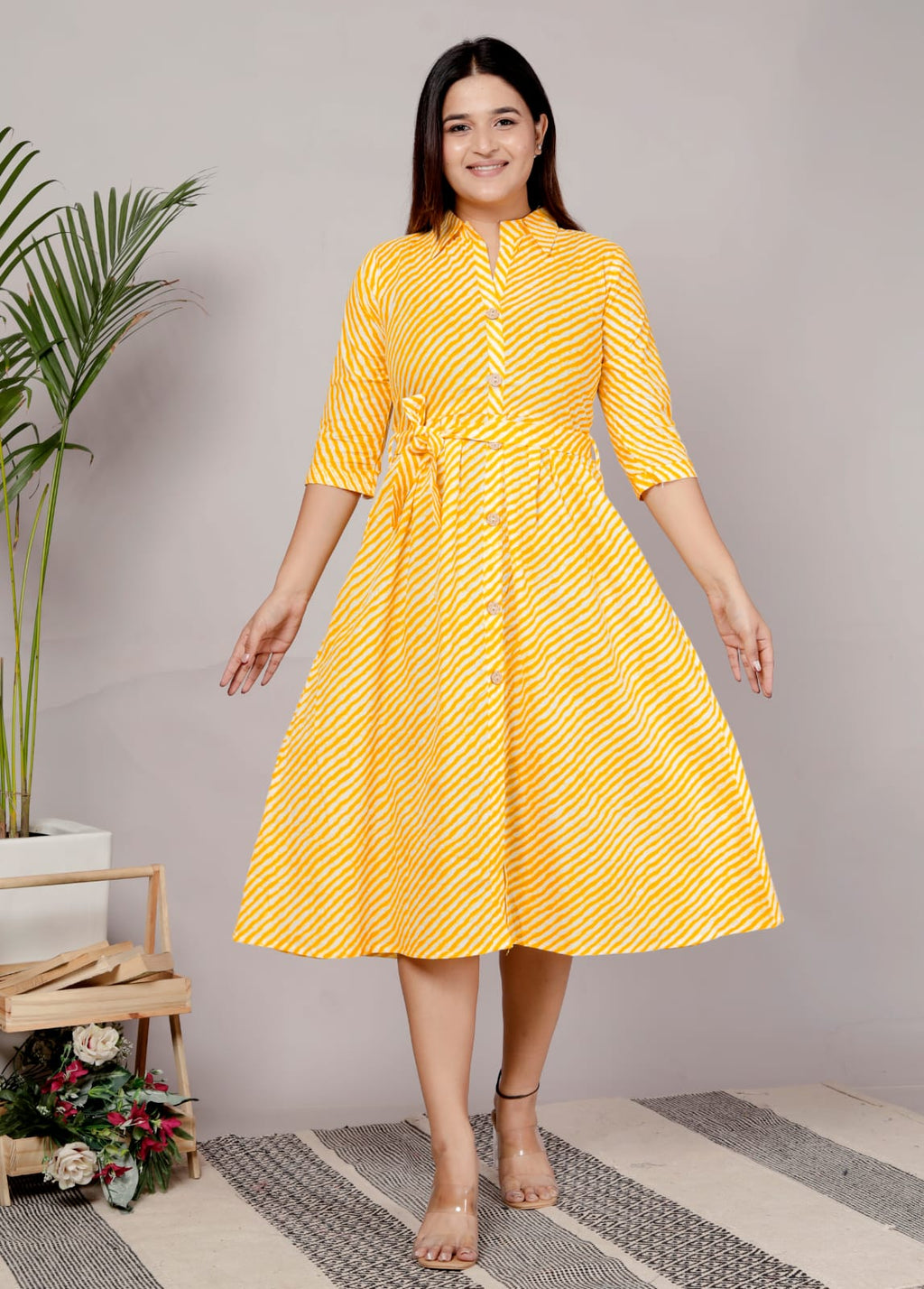 Premium 60-60 Cotton Leheriya Striped Shirt-Style Flared Midi Frock Tunic Combo