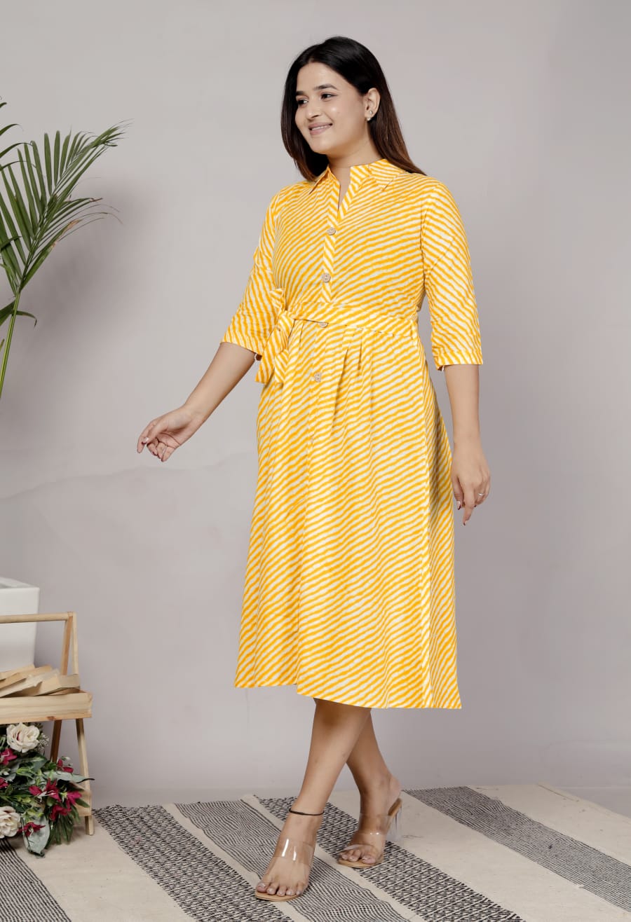 Premium 60-60 Cotton Leheriya Striped Shirt-Style Flared Midi Frock Tunic Combo