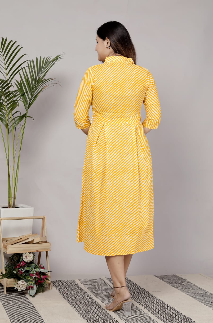 Premium 60-60 Cotton Leheriya Striped Shirt-Style Flared Midi Frock Tunic Combo
