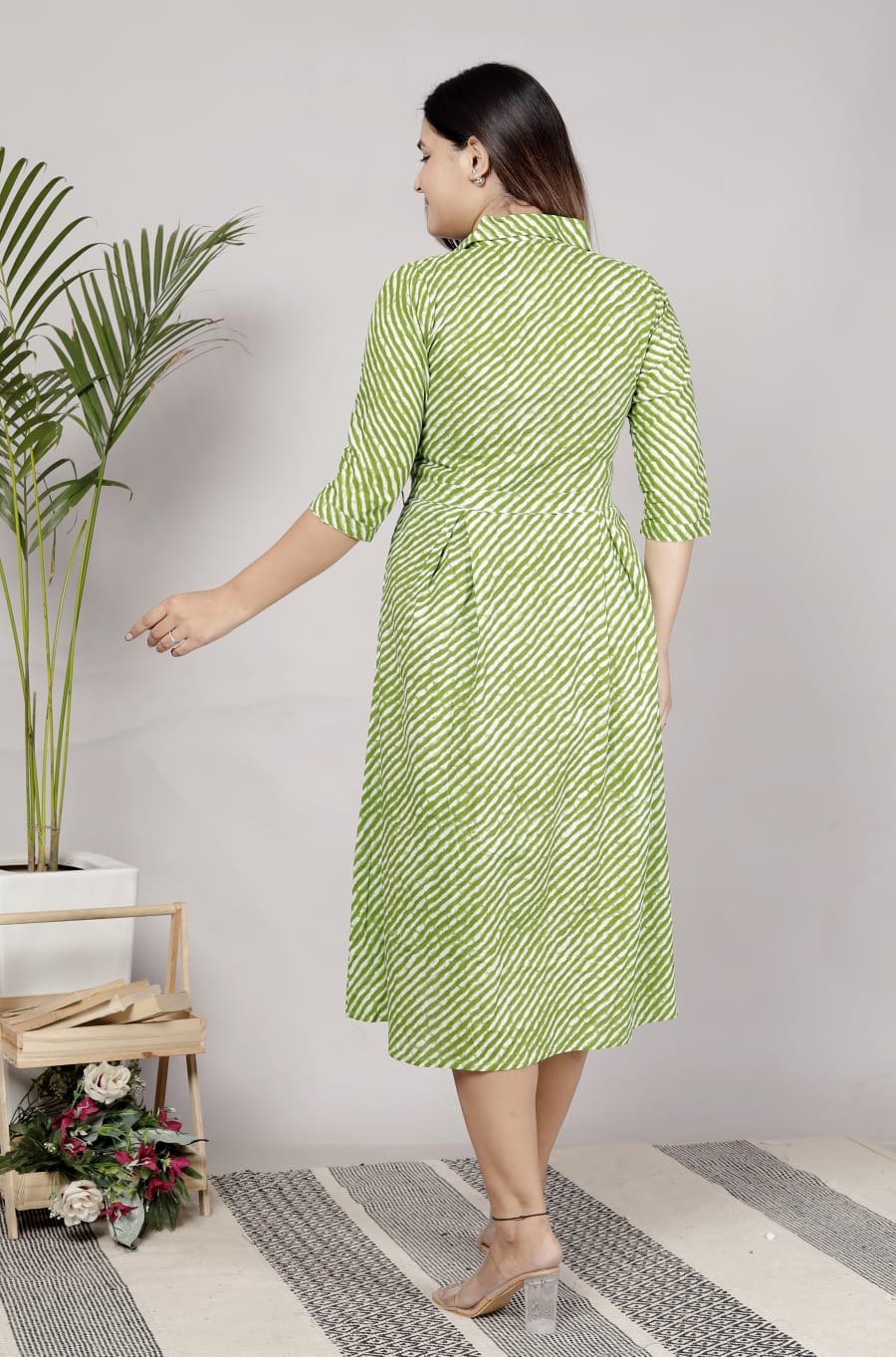 Premium 60-60 Cotton Leheriya Striped Shirt-Style Flared Midi Frock Tunic Combo