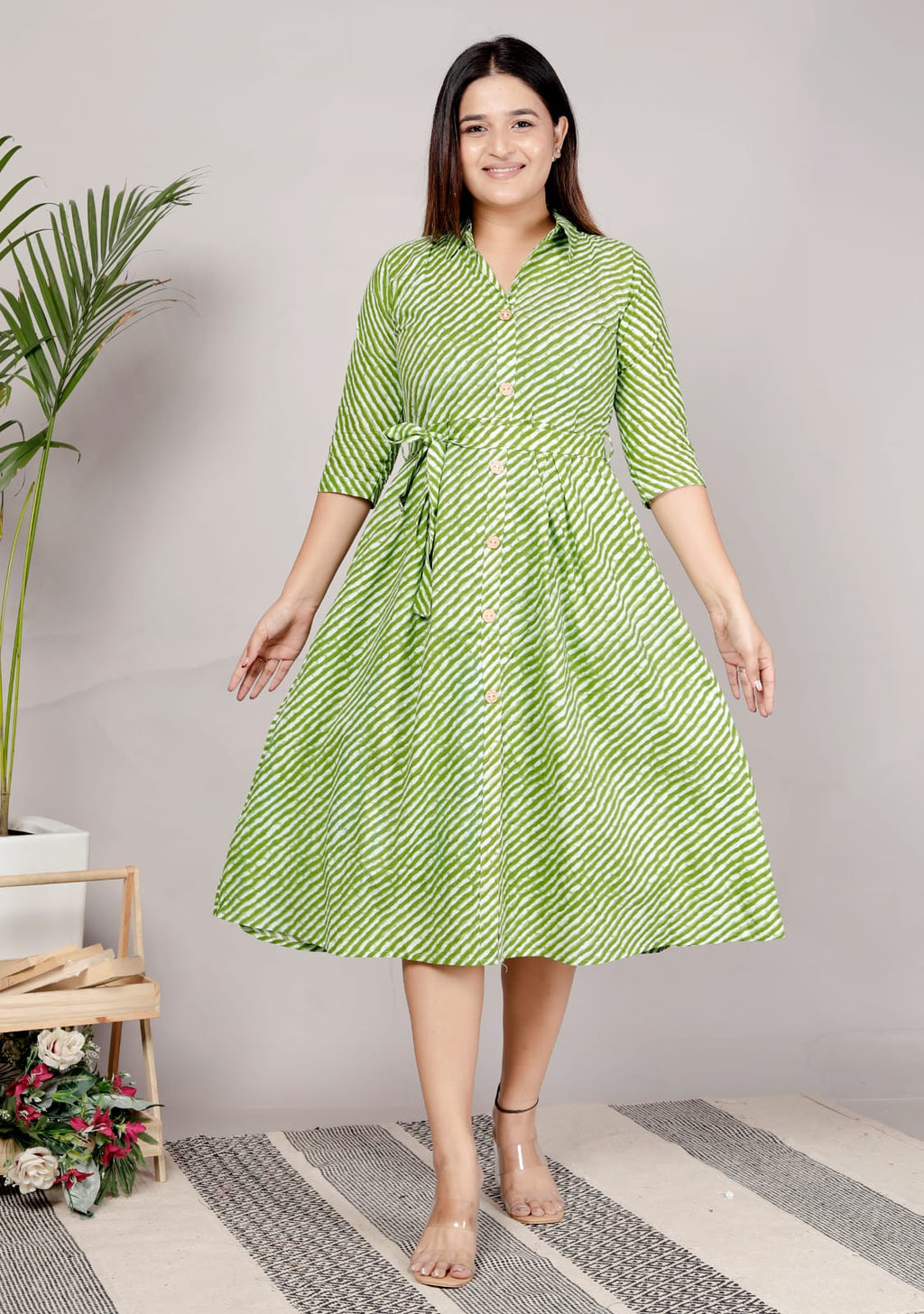 Premium 60-60 Cotton Leheriya Striped Shirt-Style Flared Midi Frock Tunic Combo