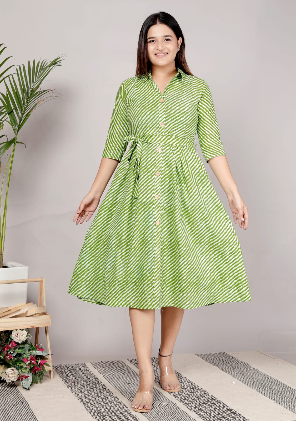 Premium 60-60 Cotton Leheriya Striped Shirt-Style Flared Midi Frock Tunic Combo