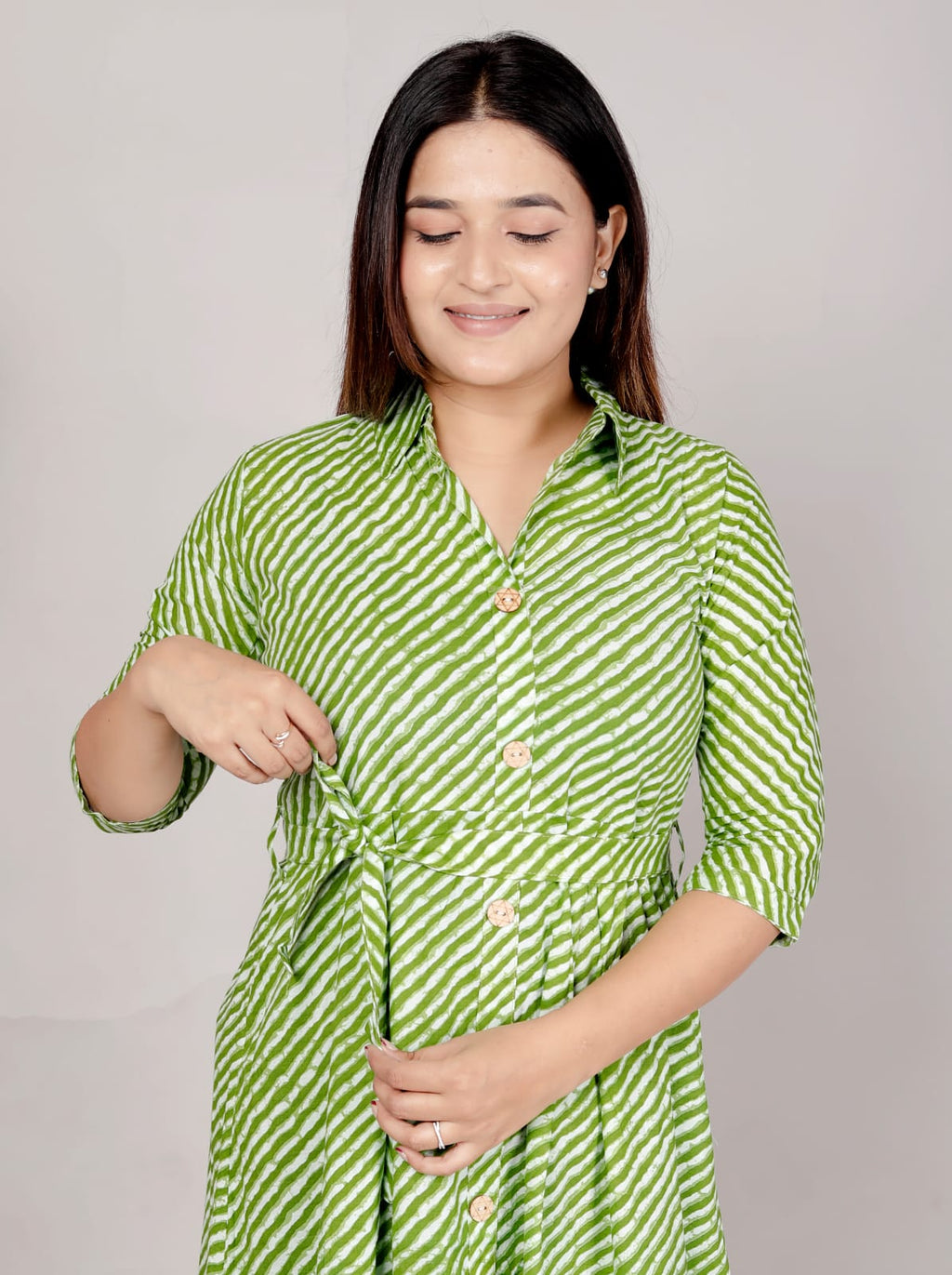 Premium 60-60 Cotton Leheriya Striped Shirt-Style Flared Midi Frock Tunic Combo