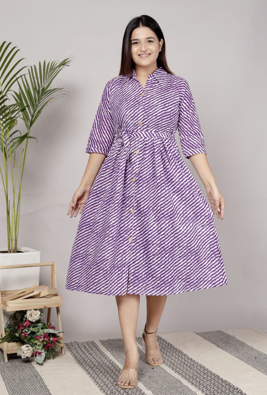 Premium 60-60 Cotton Leheriya Striped Shirt-Style Flared Midi Frock Tunic Combo