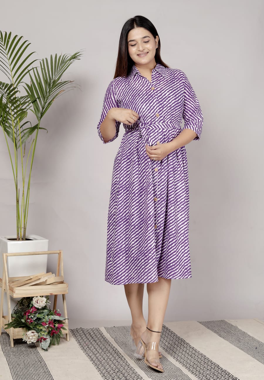 Premium 60-60 Cotton Leheriya Striped Shirt-Style Flared Midi Frock Tunic Combo