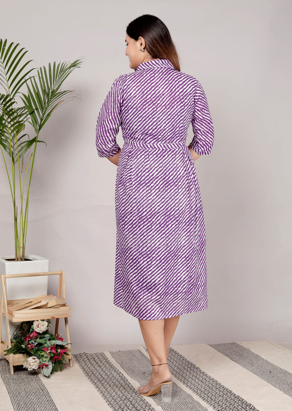 Premium 60-60 Cotton Leheriya Striped Shirt-Style Flared Midi Frock Tunic Combo