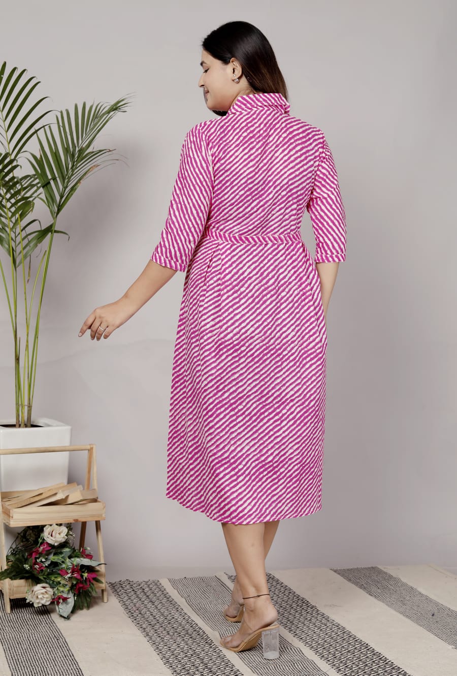 Premium 60-60 Cotton Leheriya Striped Shirt-Style Flared Midi Frock Tunic Combo