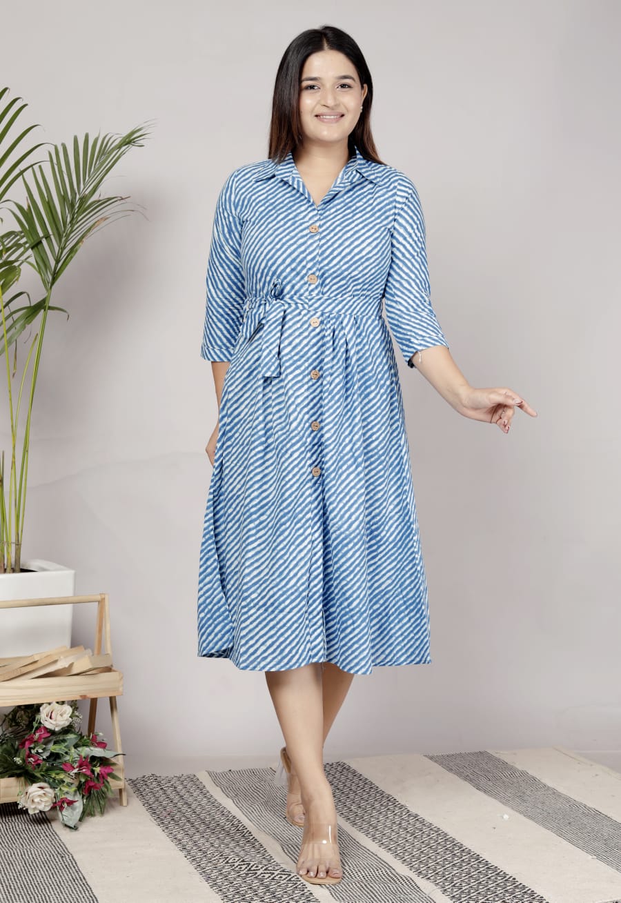Premium 60-60 Cotton Leheriya Striped Shirt-Style Flared Midi Frock Tunic Combo