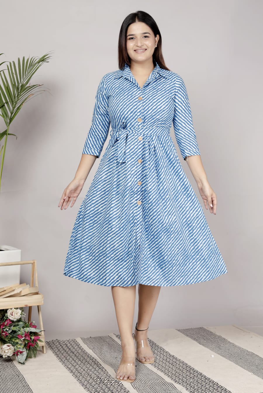 Premium 60-60 Cotton Leheriya Striped Shirt-Style Flared Midi Frock Tunic Combo
