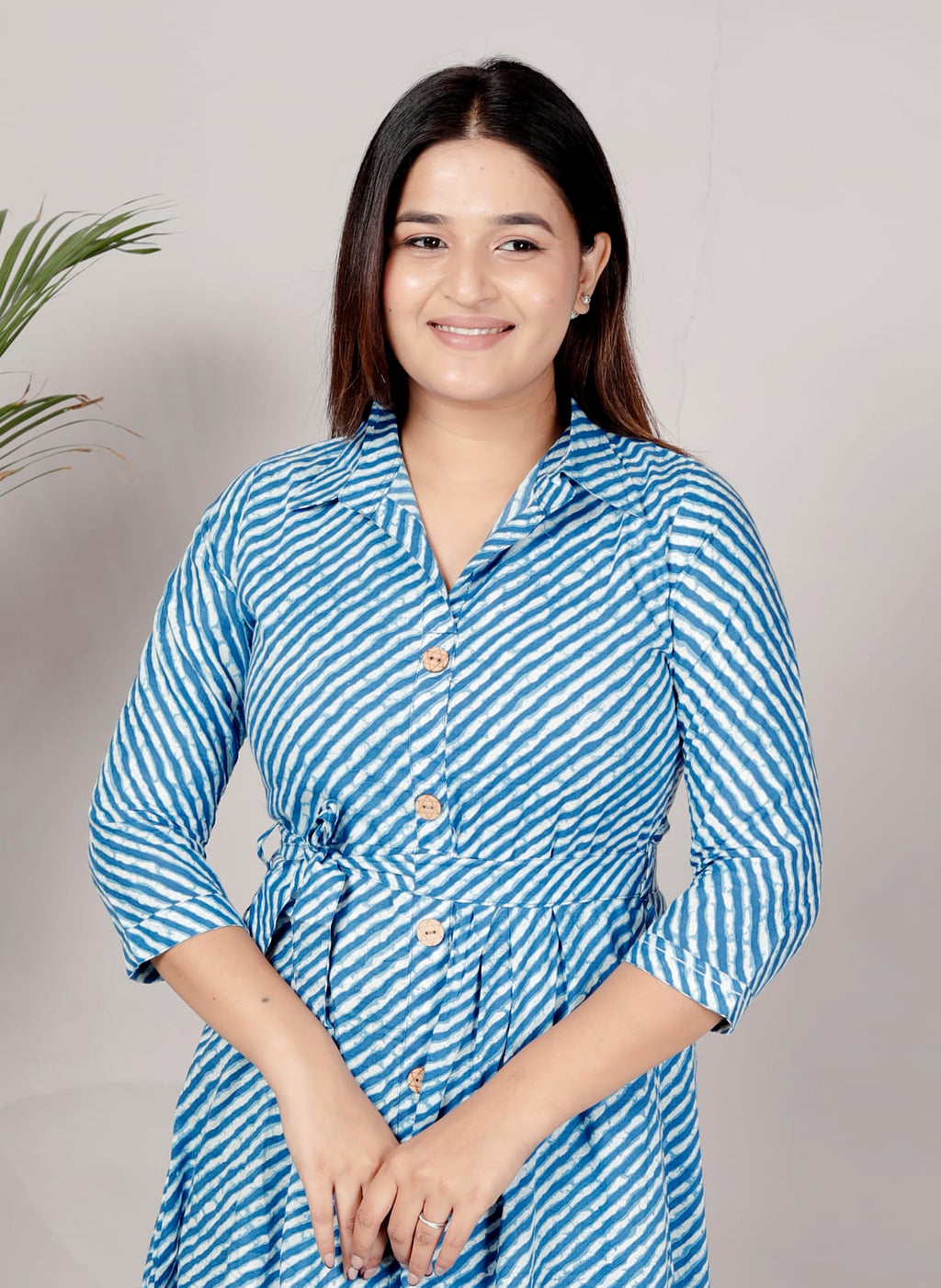 Premium 60-60 Cotton Leheriya Striped Shirt-Style Flared Midi Frock Tunic Combo