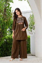 Premium Cotton Traditional Scenery Embroidery Short Kurti & Palazzo Co-Ord Set Combo