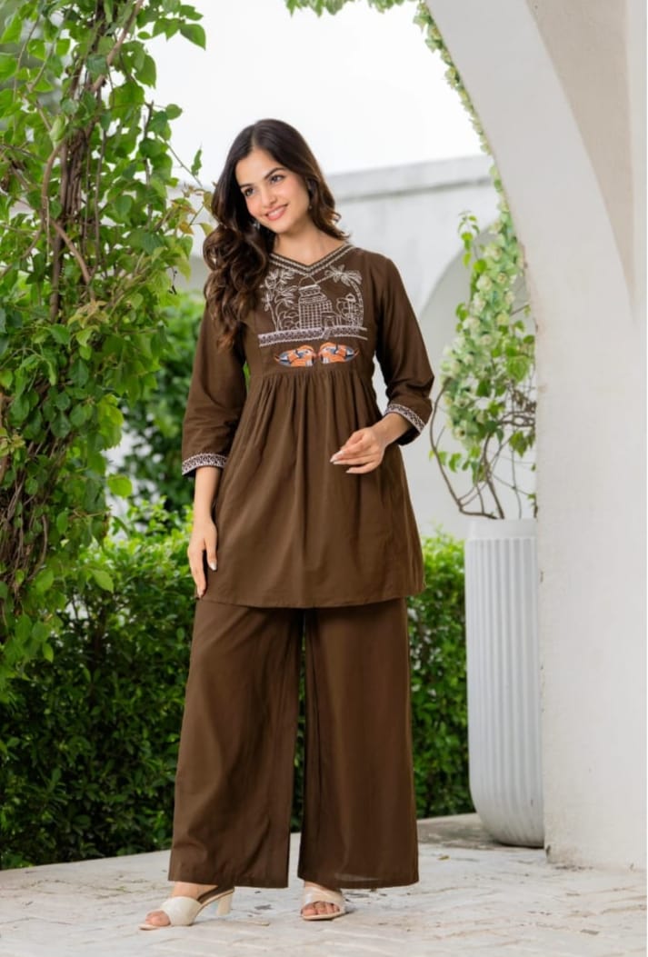 Premium Cotton Traditional Scenery Embroidery Short Kurti & Palazzo Co-Ord Set Combo