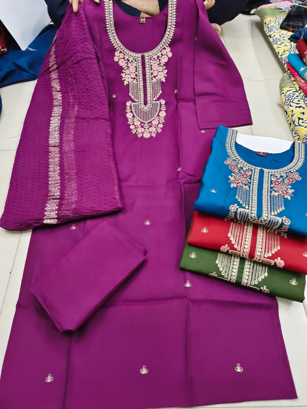 Elegant Grey Roman Silk 3pc Kurta Pant Set with Zari Dupatta